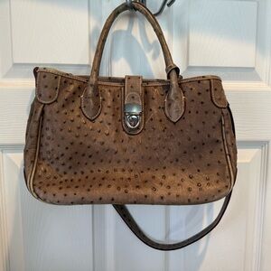 Brown Faux Ostrich-Embossed Leather Satchel